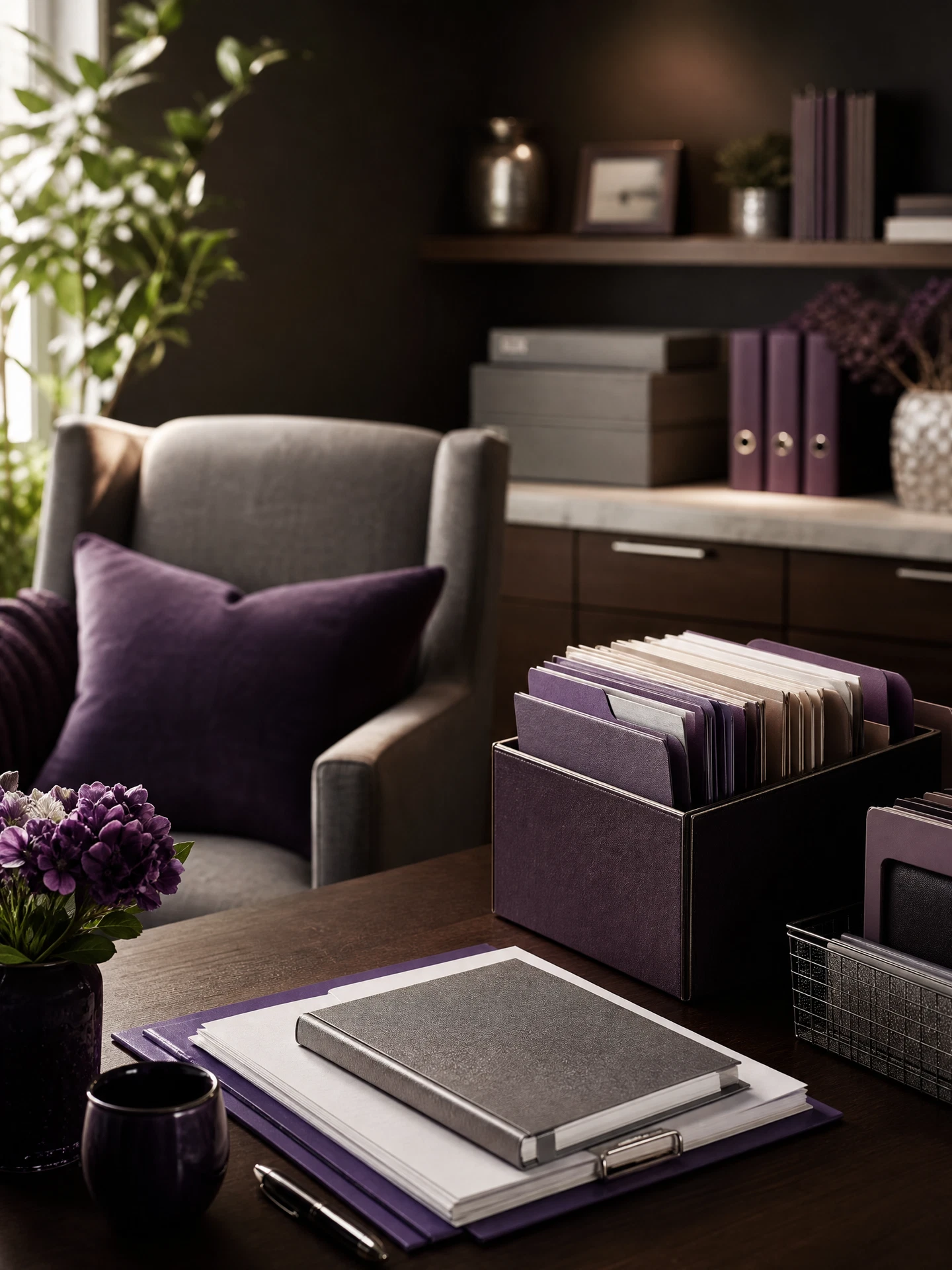 Calm private workspace with organized client-support materials