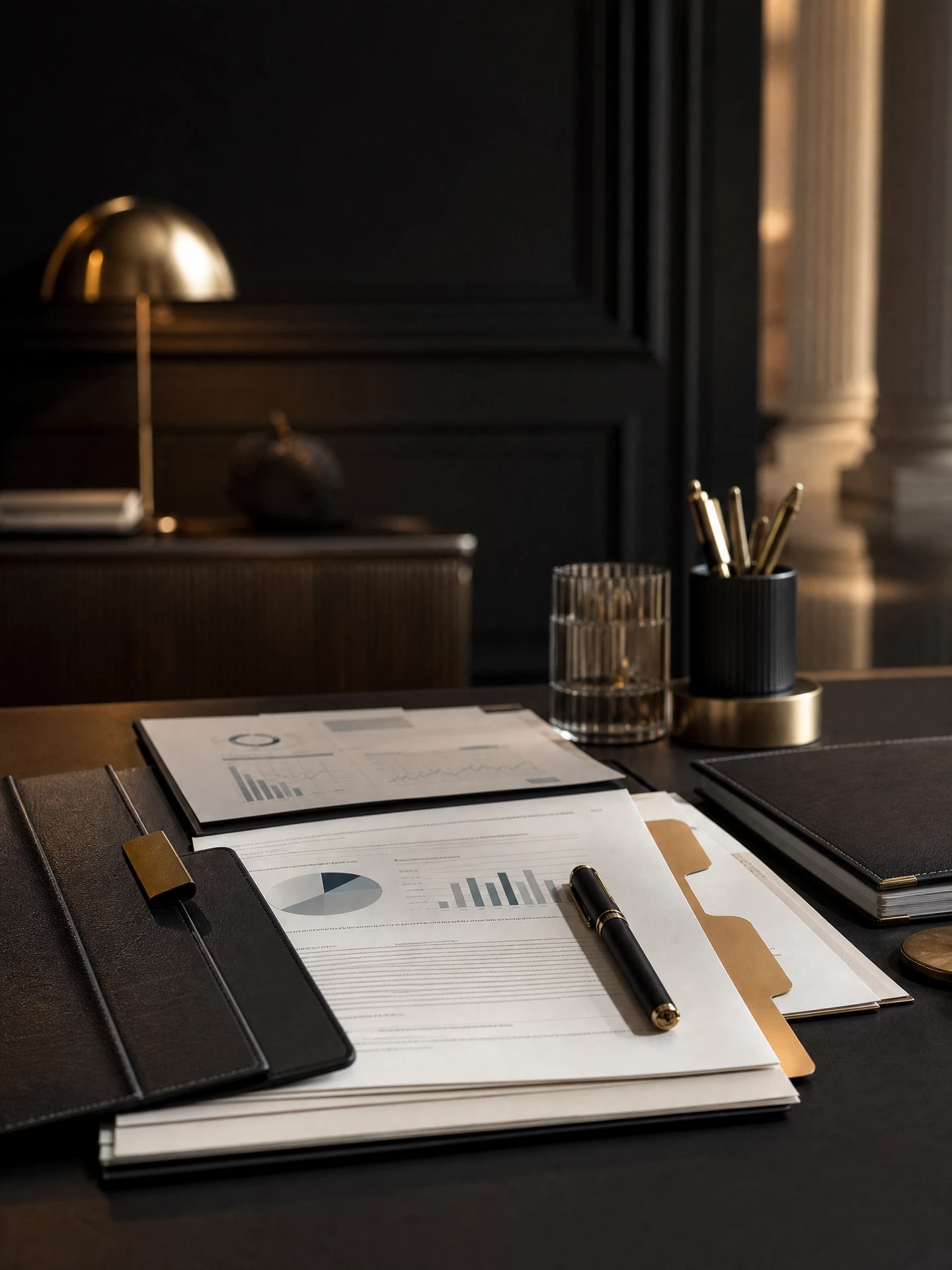 Refined financial planning materials on an executive desk